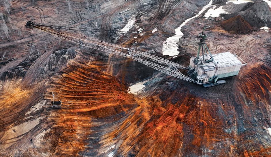 Aerial view of a bucket-wheel excavator working the pit