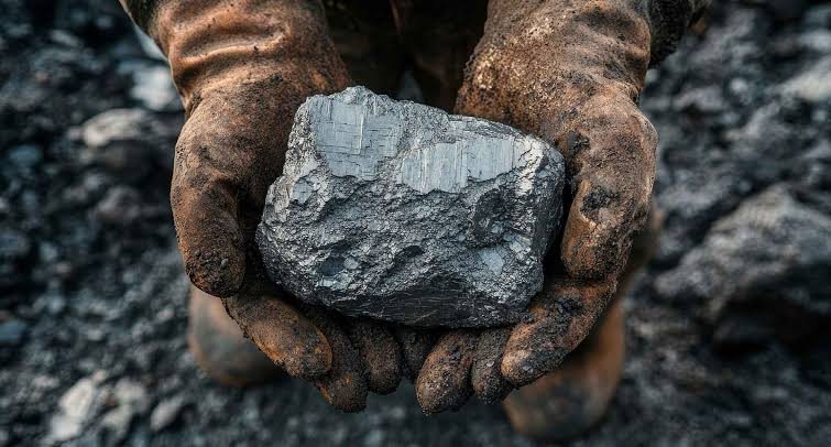Hand holding a lump of lignite above an open pit