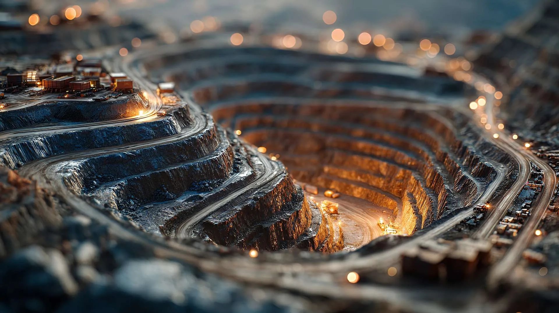 Open pit with haul roads at golden hour