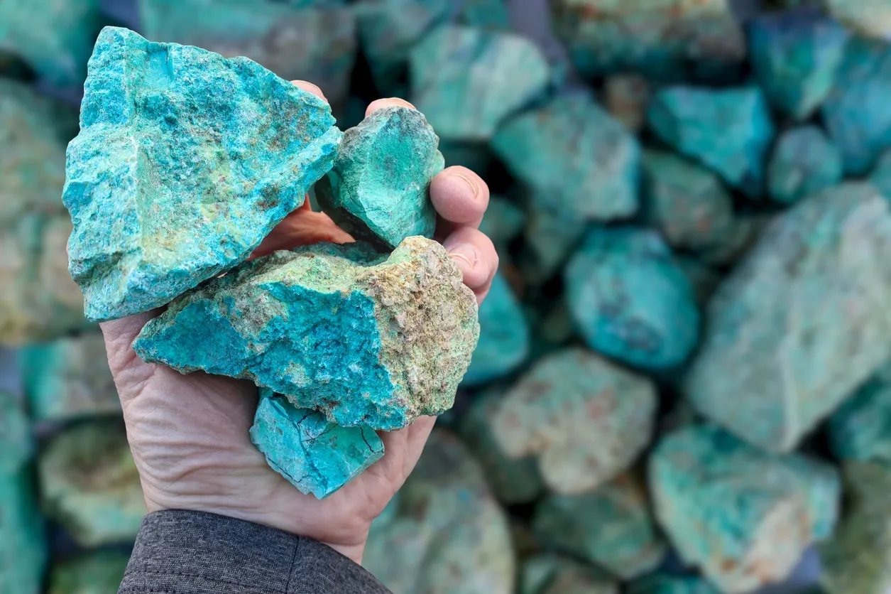 Geologist holding turquoise ore samples on site